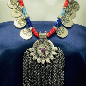 Vintage Coins Necklace With Dangling Pendant,Tribal Beaded Pendant Necklace